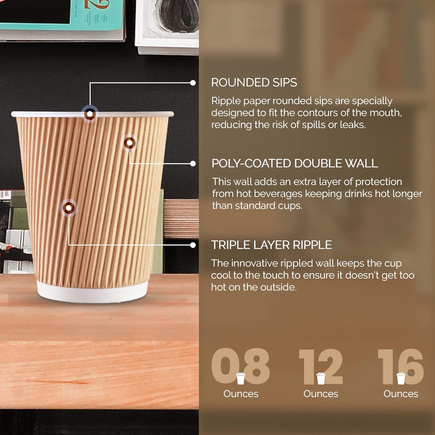 Zuvo 100 Kraft Ripple Paper Cups 12oz 3 Ply Insulated Disposable Cups for Tea Coffee Hot Drinks Brown