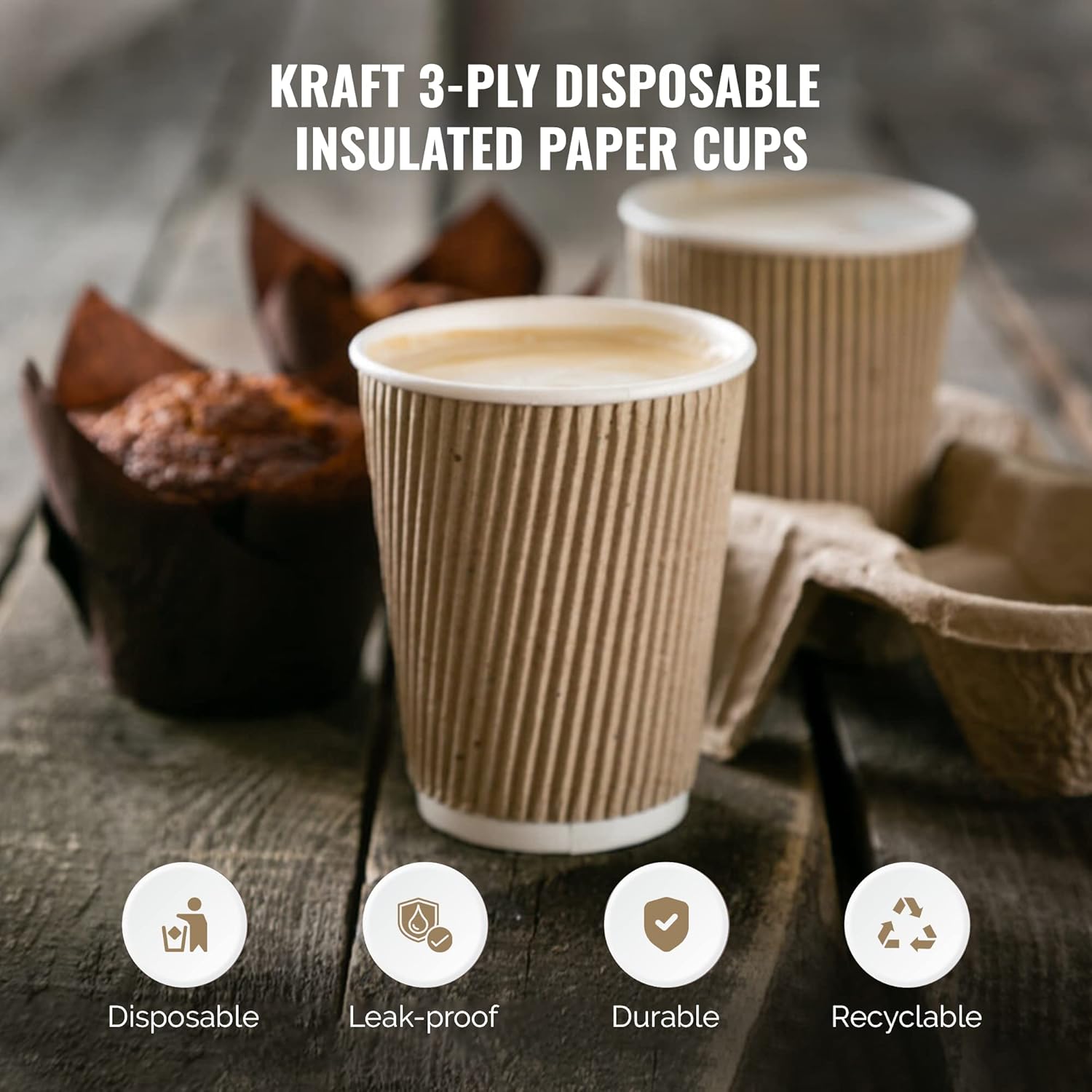 Zuvo 100 Kraft Ripple Paper Cups 12oz 3 Ply Insulated Disposable Cups for Tea Coffee Hot Drinks Brown
