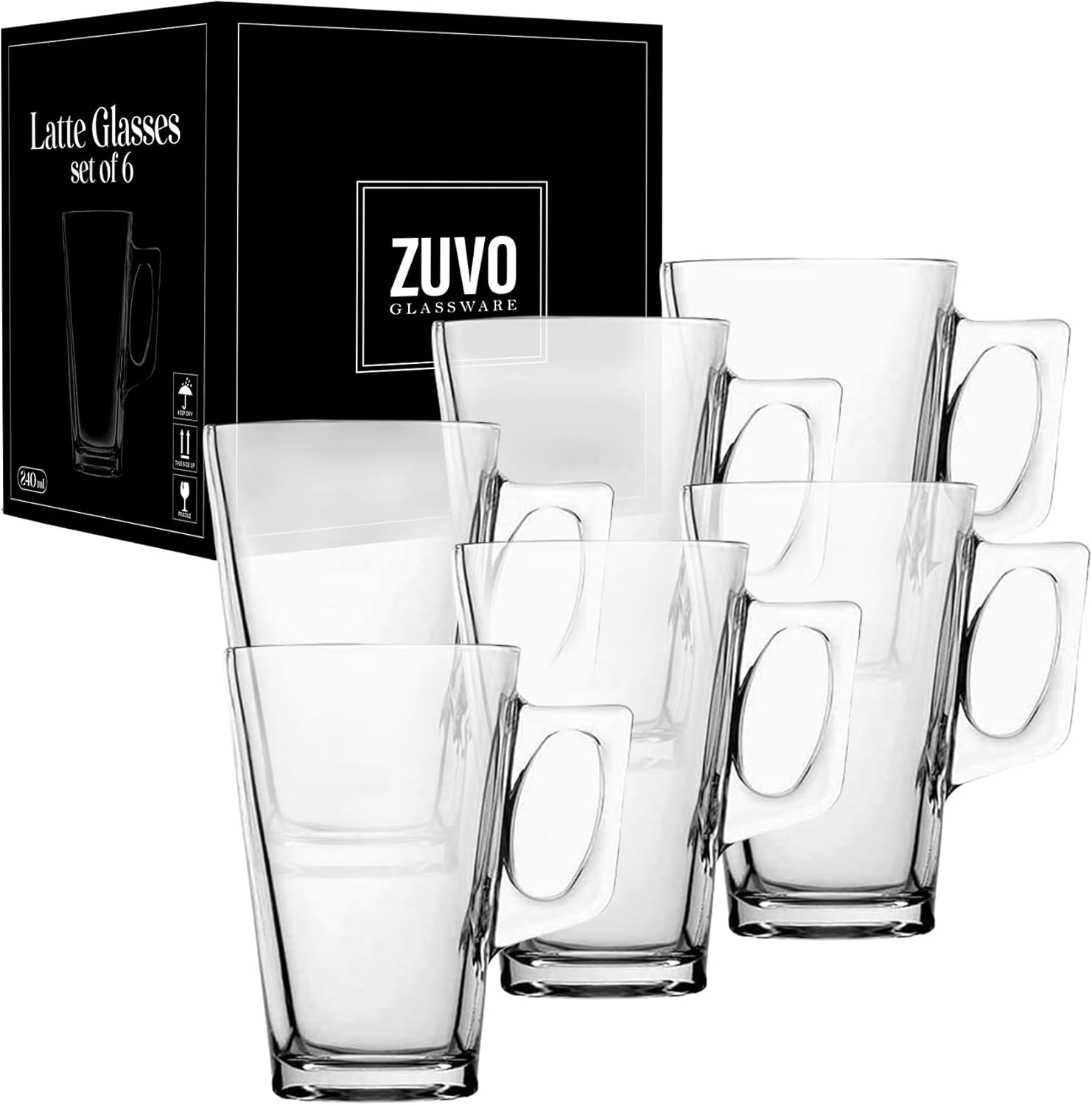 Zuvo Latte Glasses Set of 6 - Ideal 240 ml Heat Resilient Coffee Glasses for Ice Cream Latte, Expresso & Hot Chocolate (Glass, 6)