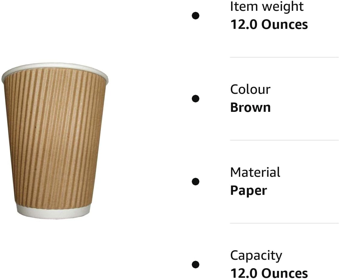 Zuvo 100 Kraft Ripple Paper Cups 12oz 3 Ply Insulated Disposable Cups for Tea Coffee Hot Drinks Brown