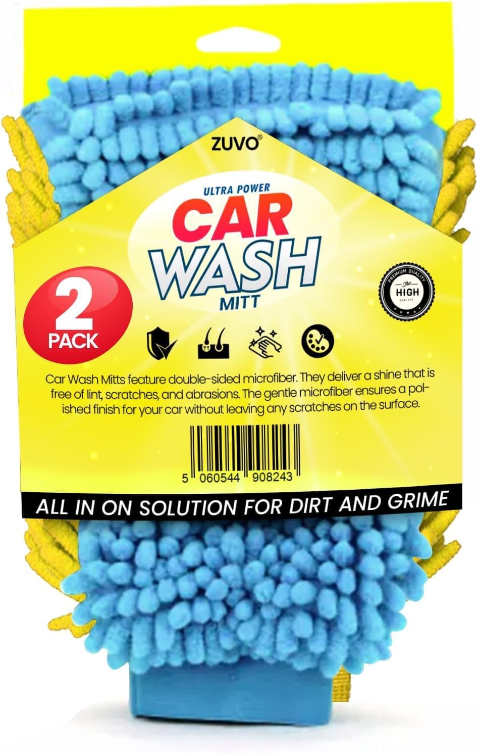 Zuvo Car Wash Mitt Gloves - (Pack of 2) Good Addition To Car Washing Kit Made with Lint Free Microfiber Cloth for Car Cleaning - Great For Car Detailing And Car Window Cleaner (Blue and Yellow)