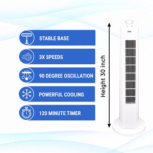 ZUVO 30" Oscillating Tower Fan, 3 Speed Setting Bladeless Portable Fan