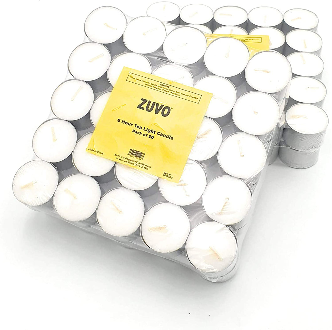 Zuvo [ 100 Pack] Tea Light Candles 8 Hour Burn Time White Unscented 3.8cm x 2.3cm 23g