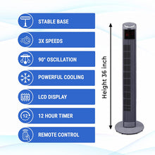 Load image into Gallery viewer, ZUVO 36&quot; Oscillating Remote Control Tower Fan, 3 Speed Setting Portable Fan with 12 hours Timer
