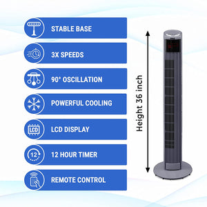 ZUVO 36" Oscillating Remote Control Tower Fan, 3 Speed Setting Portable Fan with 12 hours Timer