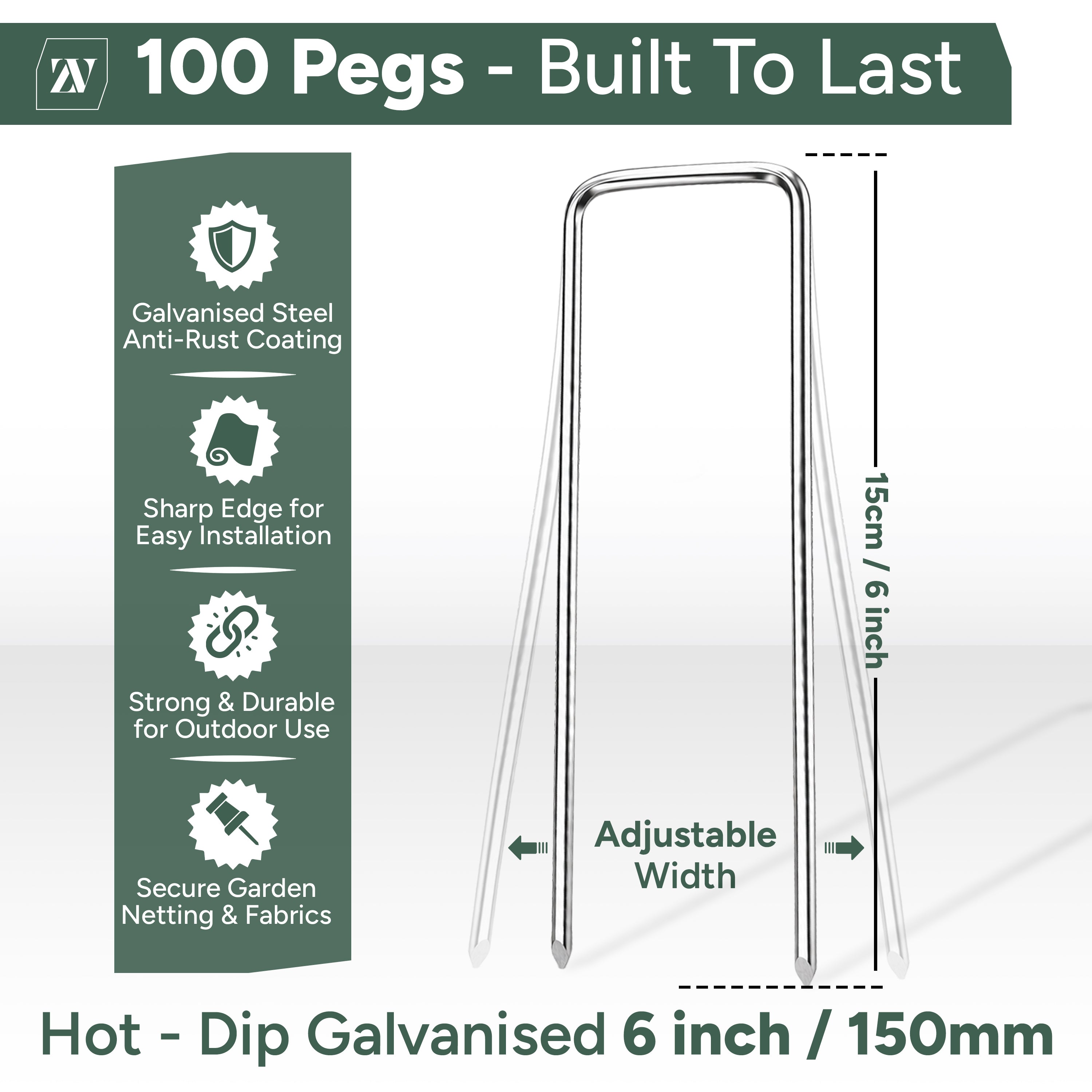 Zuvo Weed Membrane Pegs 100 Pack 6in U Shaped Galvanised Garden Stakes