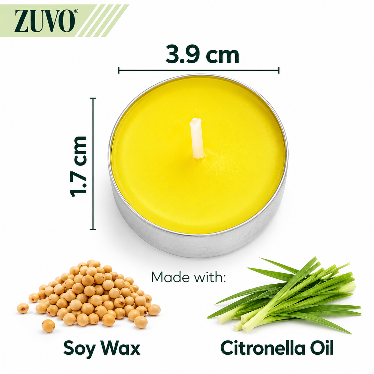 Zuvo Citronella Tea Light Candles 50 Pack 4 Hour Scented Insect Repellent