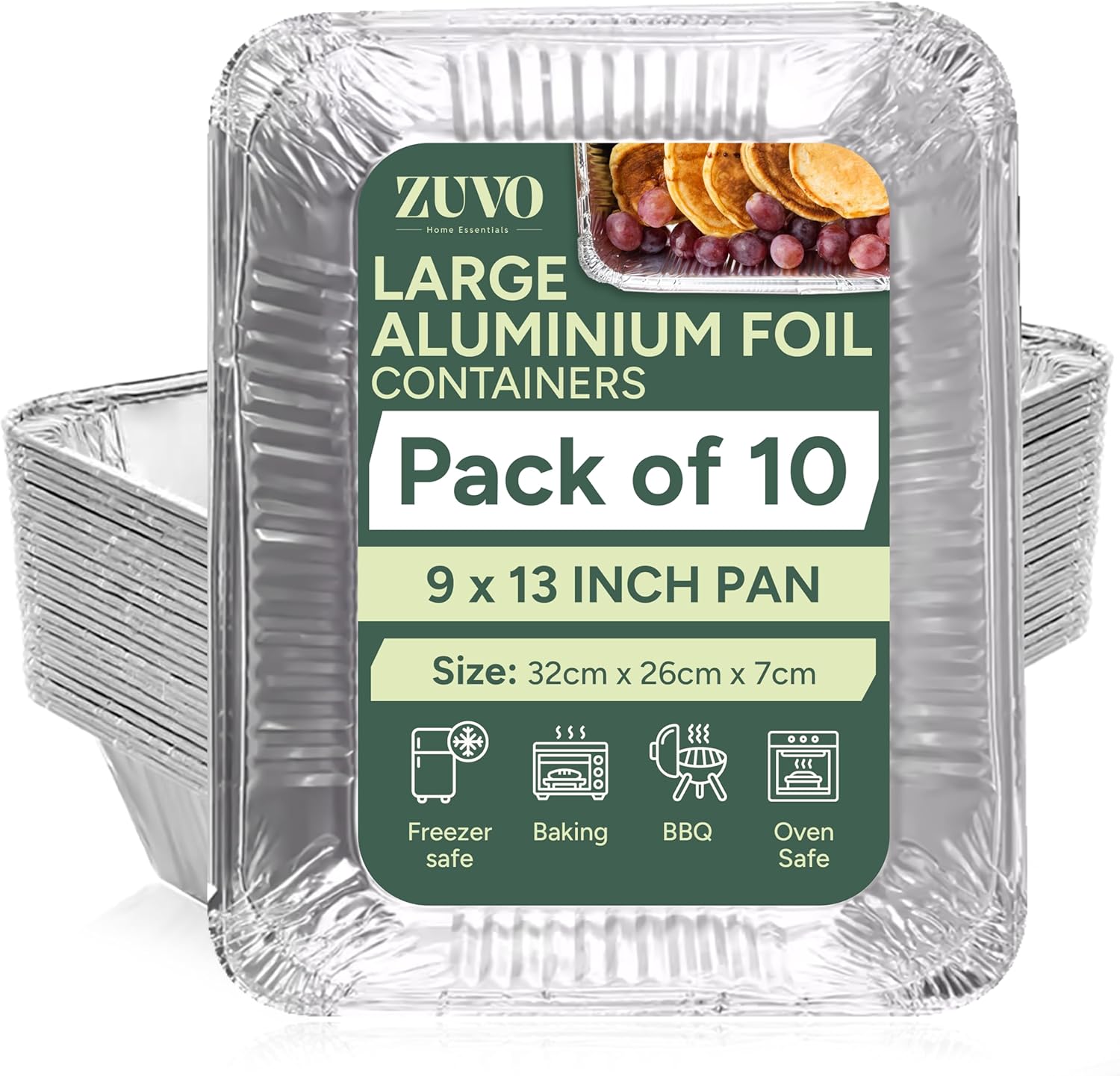Zuvo | 10 x Large Foil Aluminium Trays 32x26x7cm | Heavy-Duty Oven & BBQ Pans