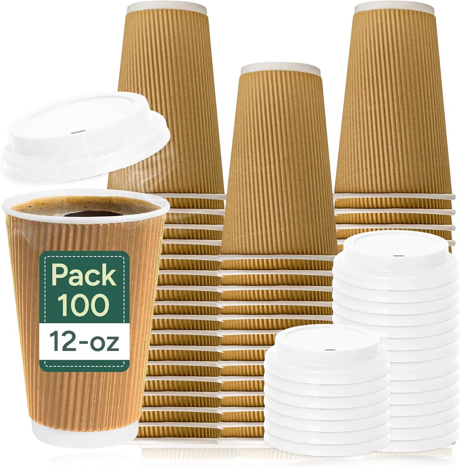 Zuvo | 100 x 12oz Coffee Cups with Lids | Triple Wall Ripple Kraft Paper Hot Cups