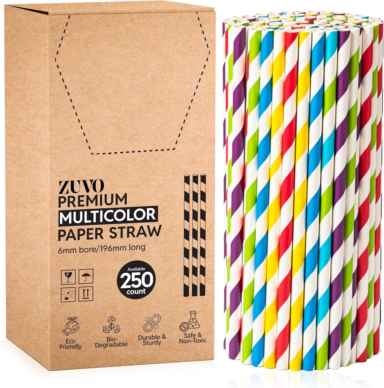 ZUVO 250 x Paper Drinking Straws 20cm | Biodegradable Eco-Friendly Party Pack