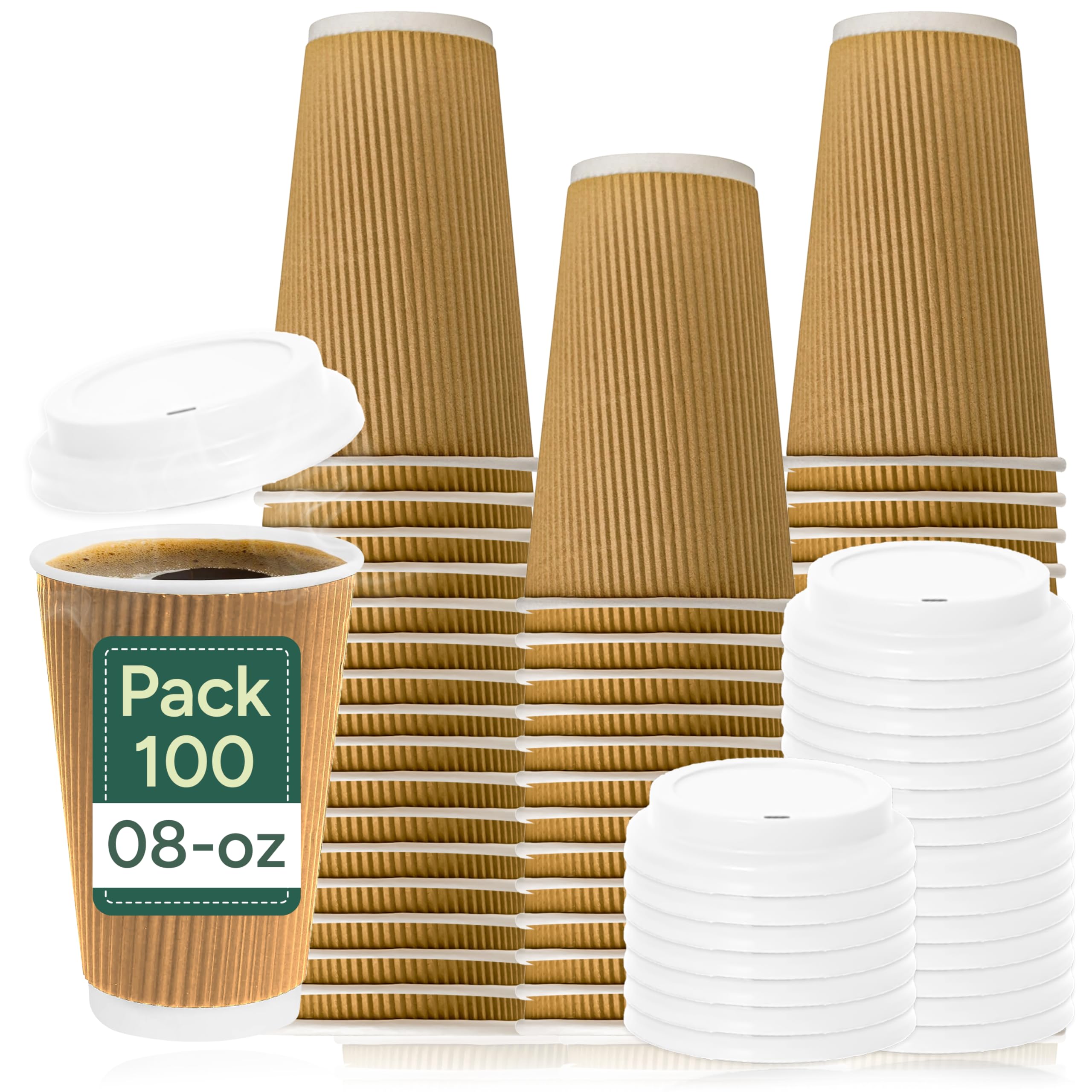 Zuvo | 100 x 8oz Coffee Cups with Lids | Triple Wall Ripple Kraft Paper Hot Cups