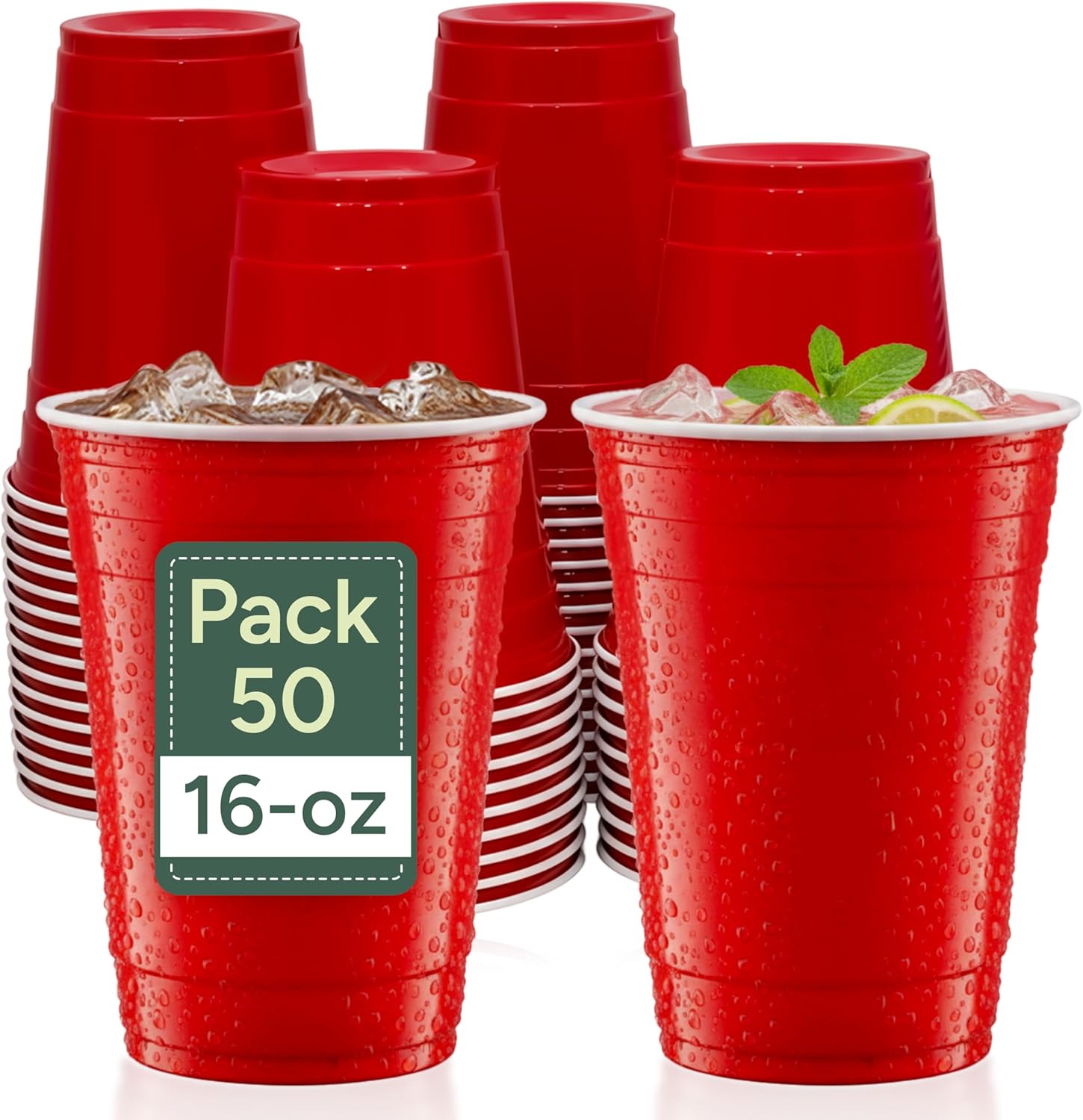 Zuvo Red Party Cups 16oz 50 Pack Durable Disposable Recyclable Drinkware