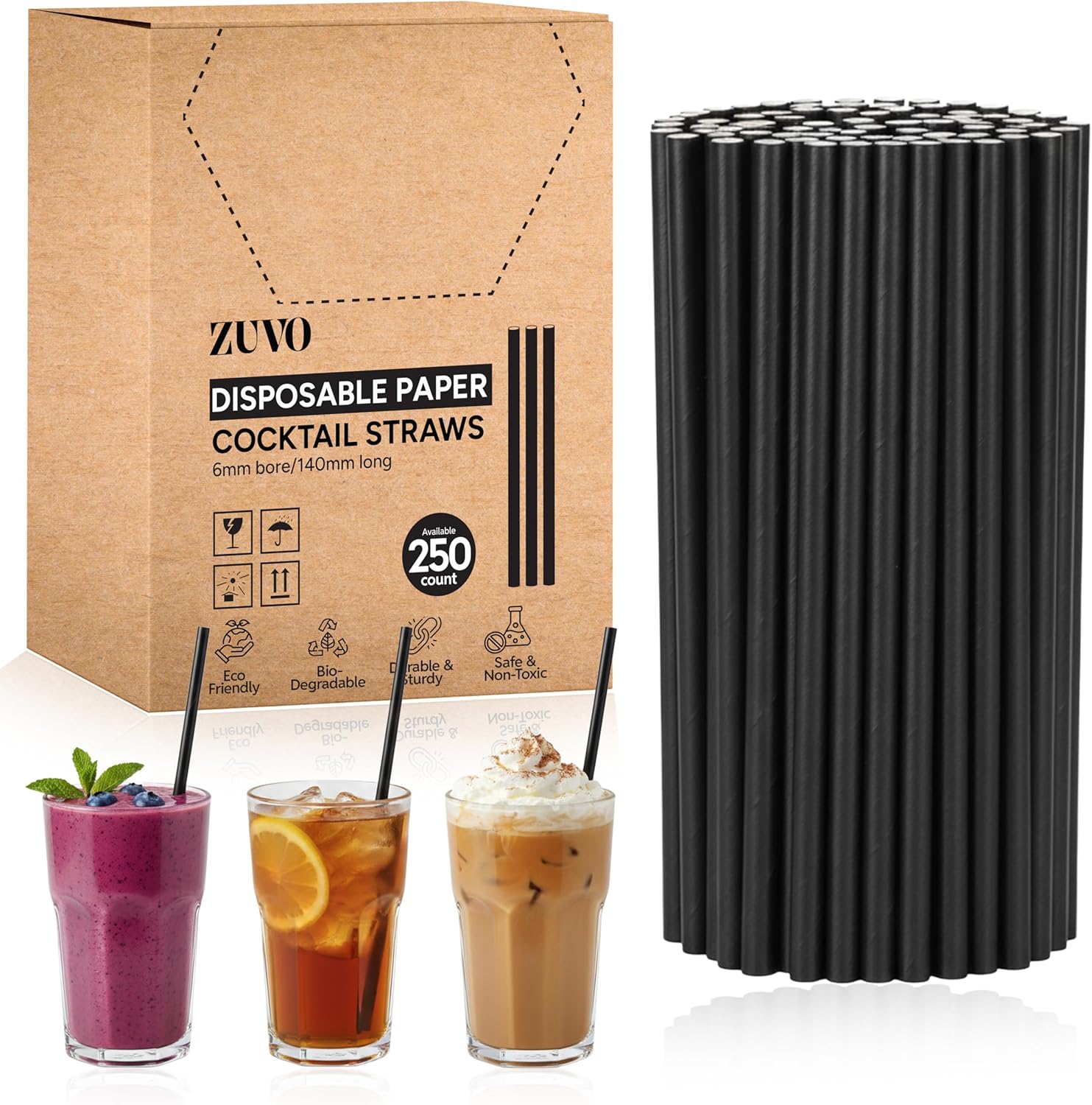 ZUVO | 250 x 14cm Black Paper Straws | Biodegradable Eco-Friendly Party Drinks