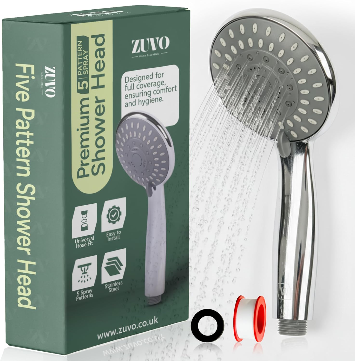 Zuvo Adjustable High Pressure Shower Head Universal Handheld Showerhead with 5 Spray Modes Powerful Chrome Replacement for Low Pressure