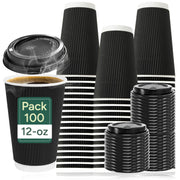 Zuvo | 100 x 12oz Black Ripple Coffee Cups with Lids | Triple Wall Hot Drink Cups