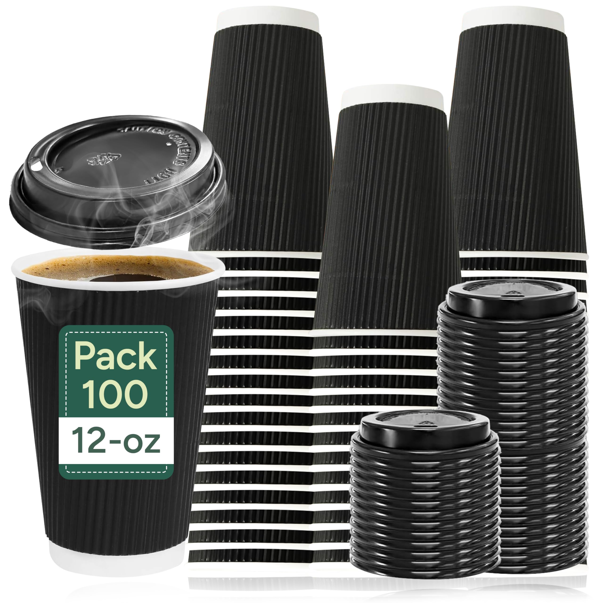 Zuvo | 100 x 12oz Black Ripple Coffee Cups with Lids | Triple Wall Hot Drink Cups