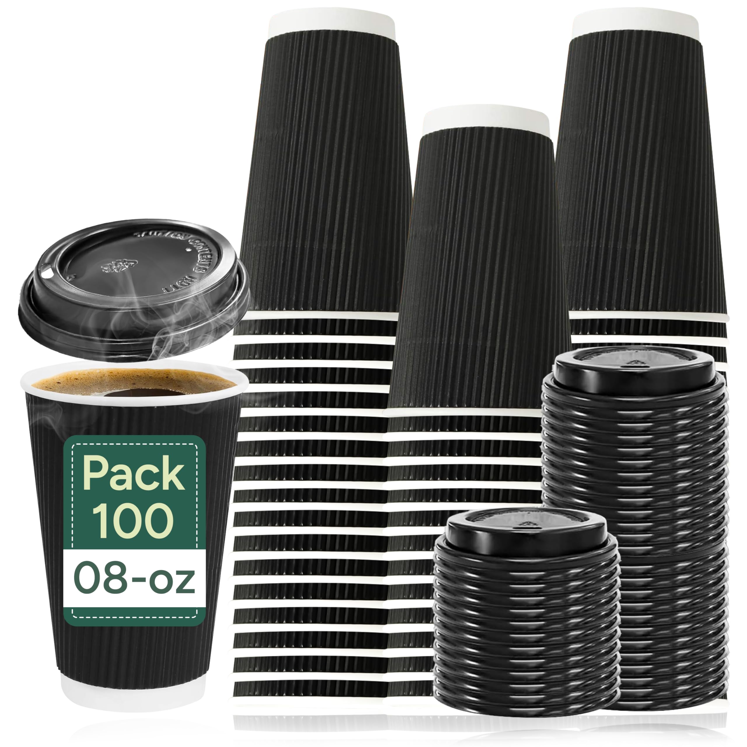 Zuvo | 100 x 8oz Coffee Cups with Lids | Triple Wall Ripple Kraft Paper Hot Cups