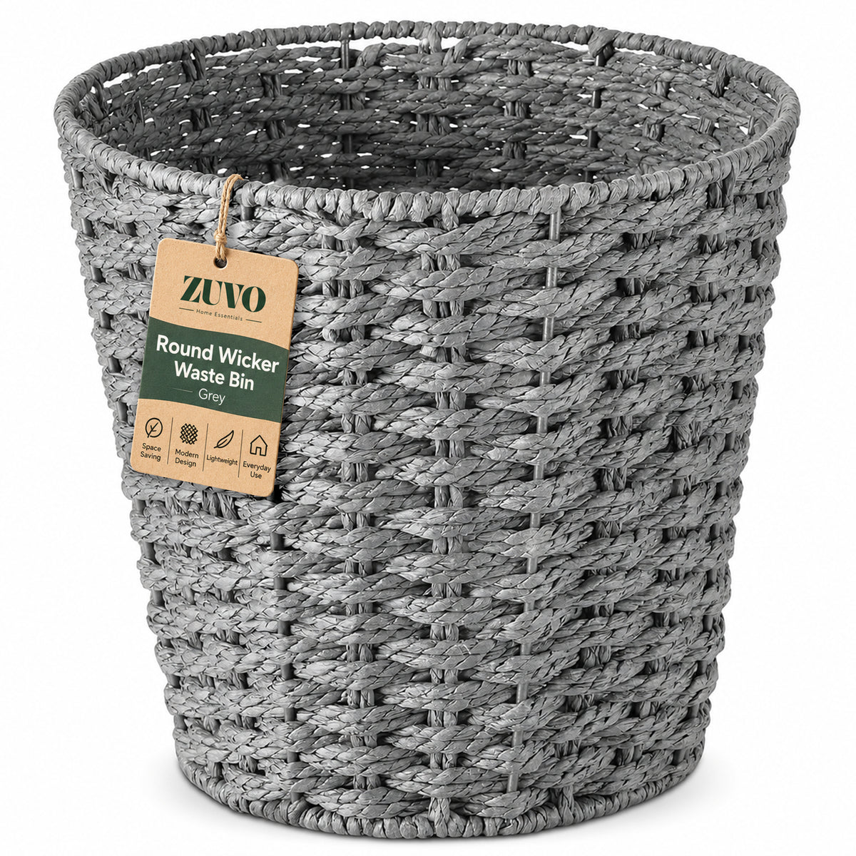 Zuvo Round Wicker Waste Paper Bin Rubbish Basket, Grey