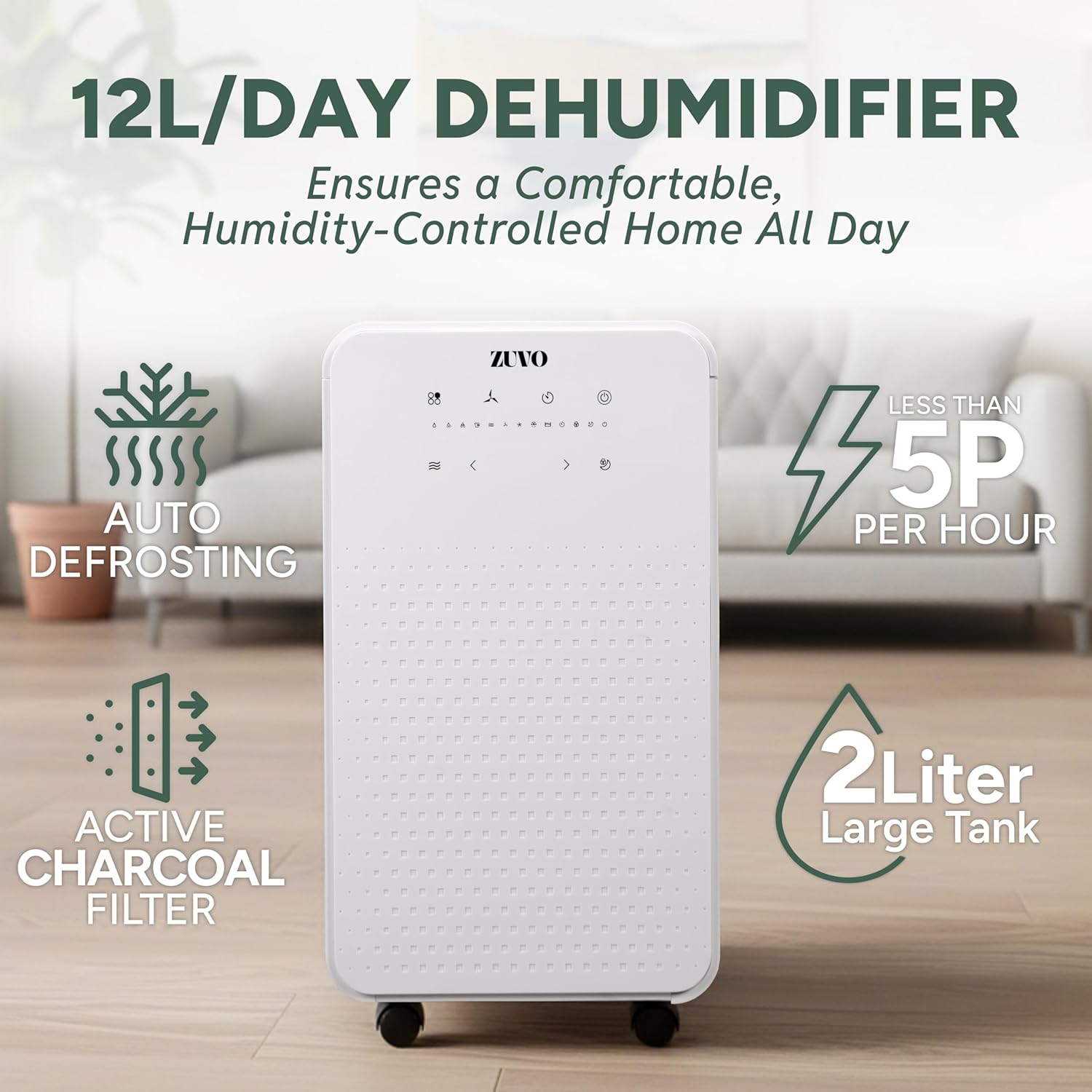 Zuvo 12L Day Dehumidifier with Carbon Filter Low Noise Energy Efficient 2 L Tank Timer Laundry Mode Continuous Drainage