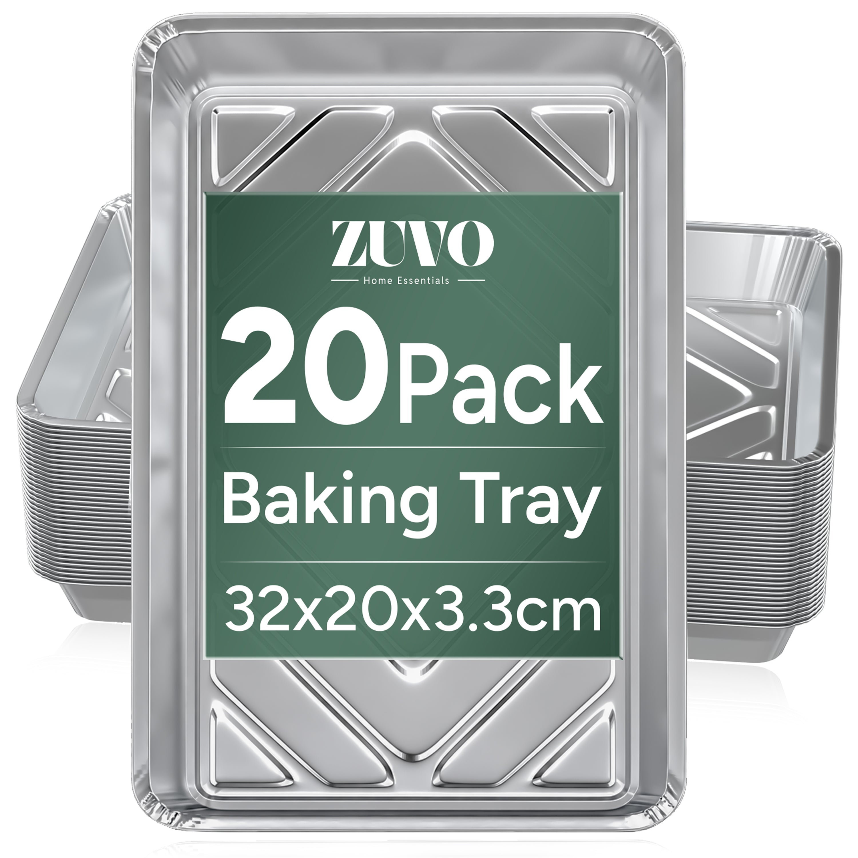 Zuvo Aluminium Foil Trays 20 Pack Disposable for Baking Cooking BBQ Without Lids 32cm x 20cm x 3.3cm