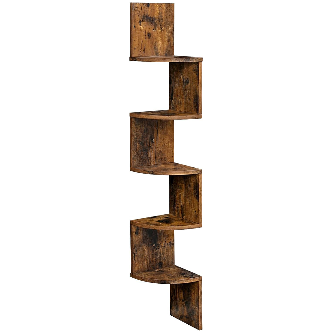 Zuvo Floating Corner Shelves 5 Tier Brown Zigzag Wall Mounted Bookshelf
