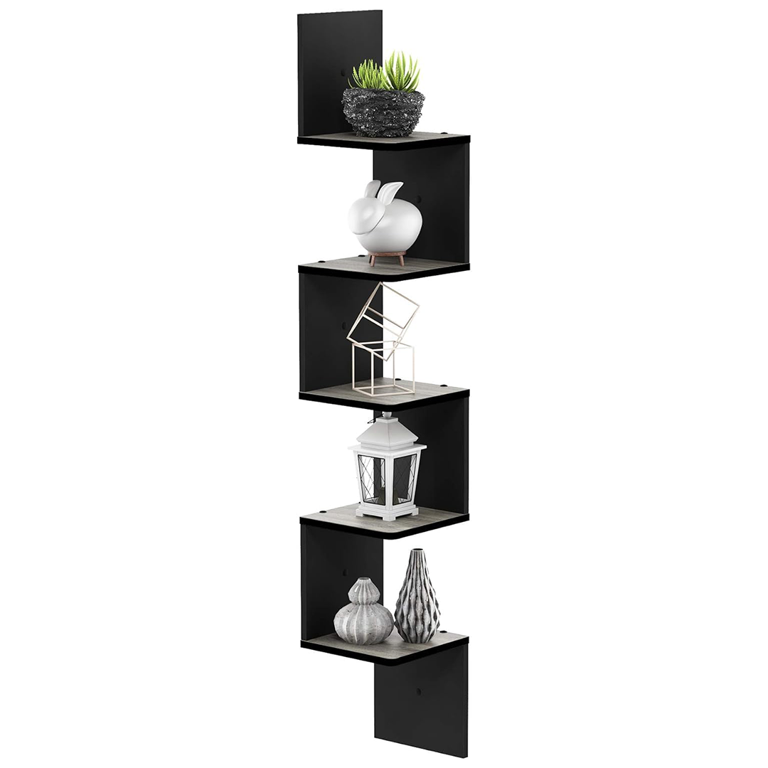 Zuvo Floating Corner Shelves 5 Tier Black Zigzag Wall Mounted Bookshelf