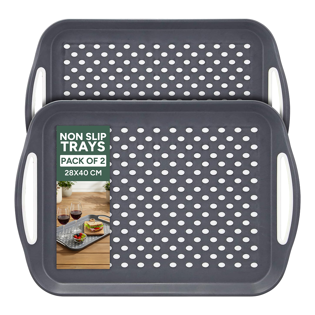 Zuvo Anti-Slip Serving Tray Set of 2 – BPA Free Plastic with Handles Grey