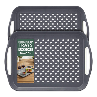 Zuvo Anti-Slip Serving Tray Set of 2 – BPA Free Plastic with Handles Grey