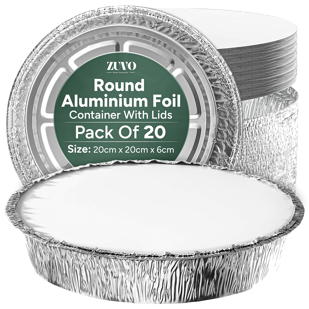 Zuvo Round Aluminium Containers 20 Pack Foil Flan Cases with Paper Lids