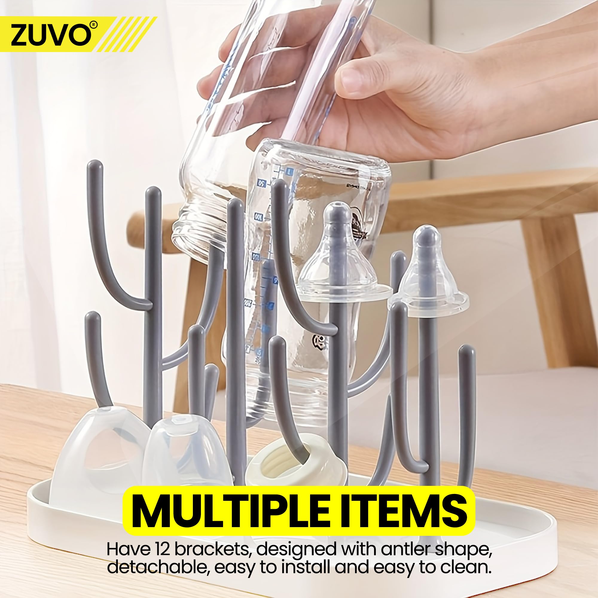 Zuvo Baby Bottle Drying Rack with Detachable Brackets, Grey, One Size