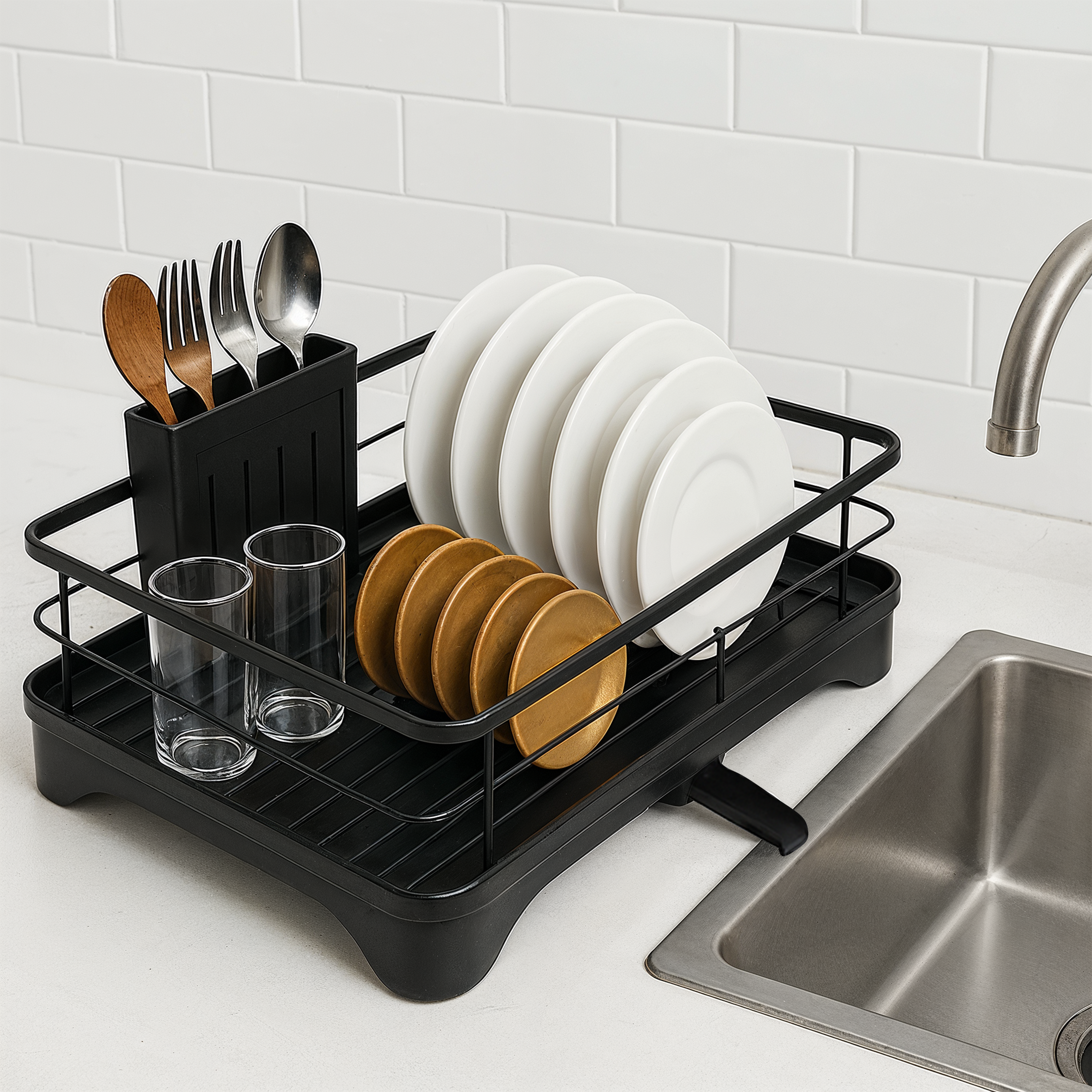 Dish Drainer Rack – Stainless Steel Dish Drying Rack with Cutlery Holder, Space-Saving Kitchen