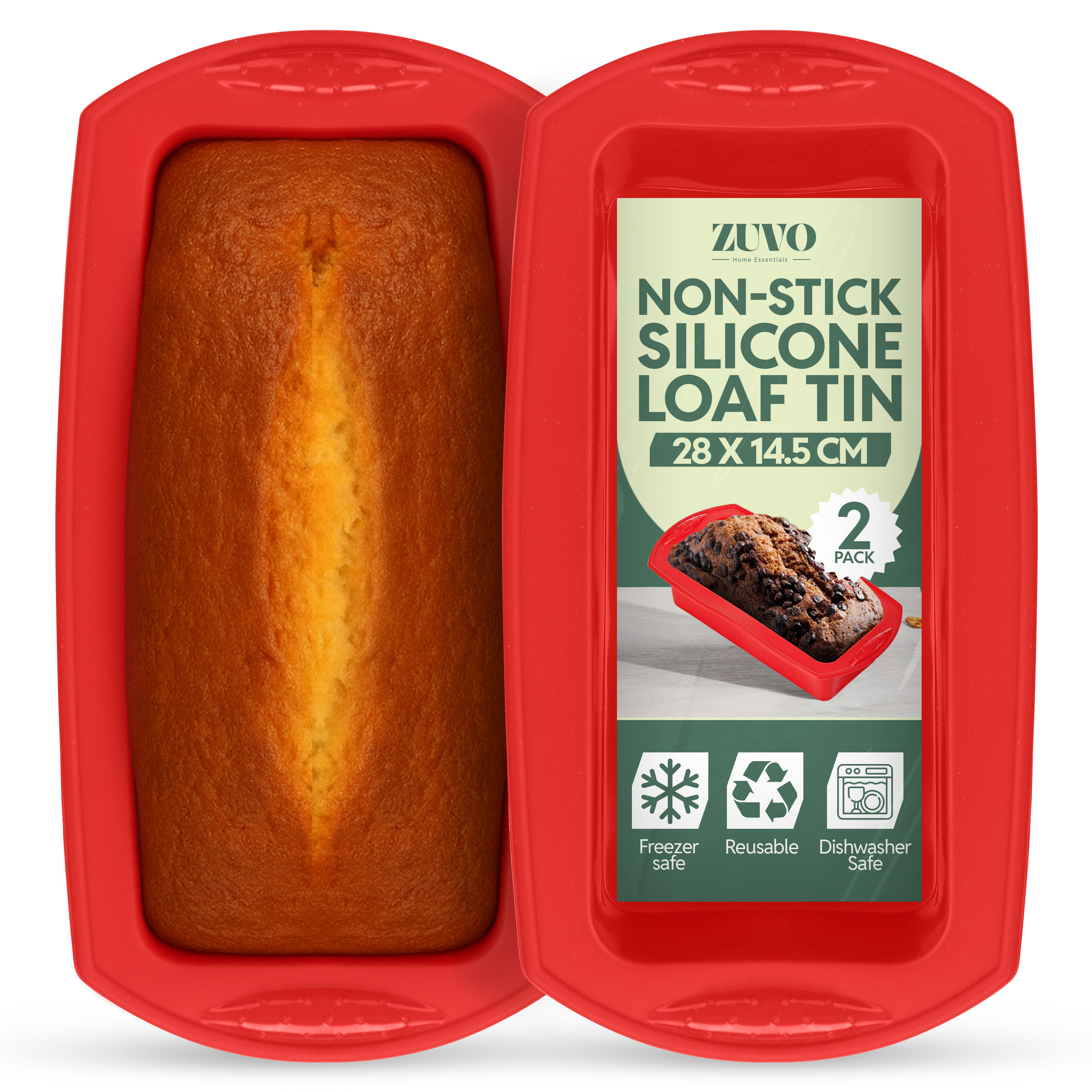 Zuvo - Silicone Loaf Tins (2 Pack) – 2lb Non-Stick Bread Tins for Baking,Bread Pans for Cakes, Banana Bread, Meatloaf