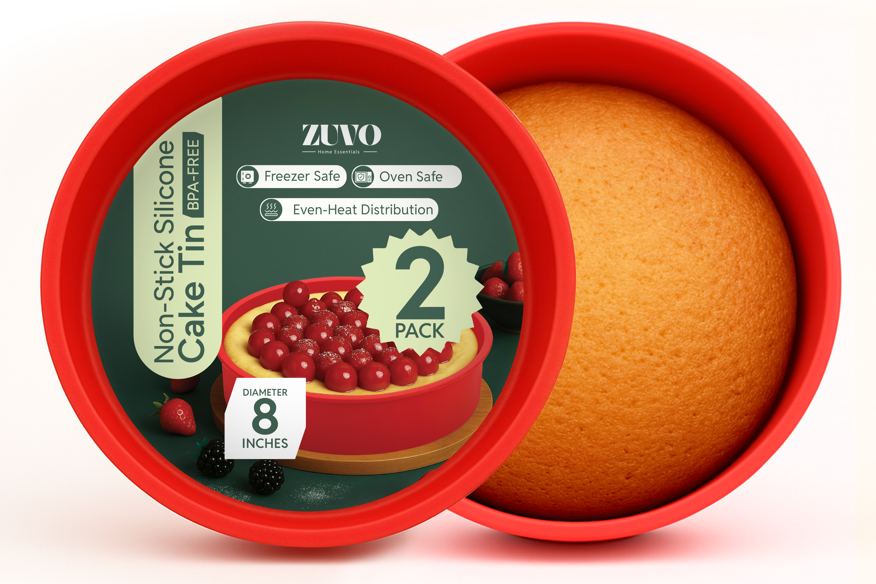 Zuvo - Silicone Cake Tins (2 Pack)– 8 Inch Round Cake Moulds for Baking, Non-Stick Pans for Layer Cakes, Cheesecake, Sponge, Bread & Desserts – Oven, Freezer & Dishwasher Safe