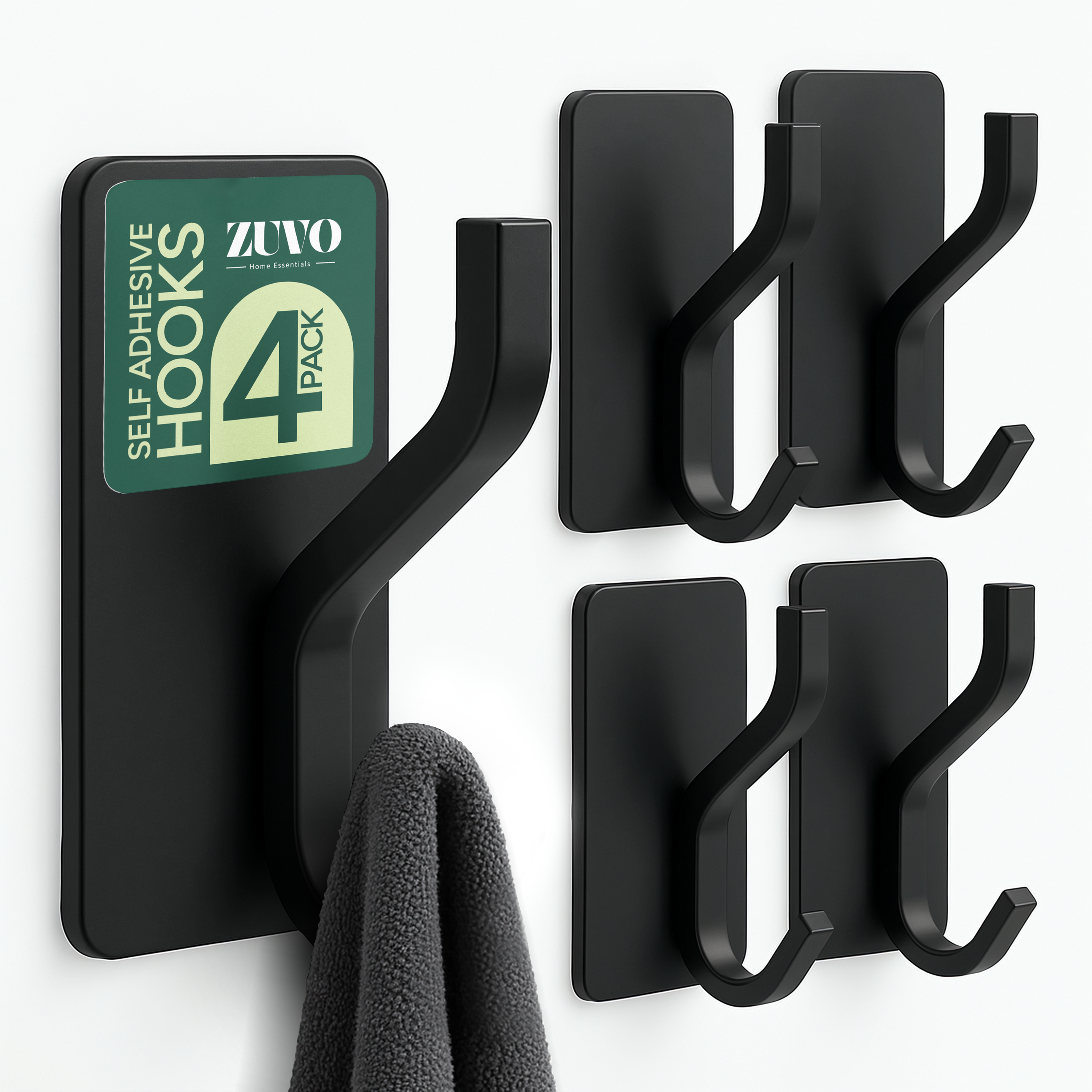 Self Adhesive Hooks Black, 4 Pack – Heavy Duty Wall Hooks Hold up to 6kg – Waterproof No Drill Sticky Hooks