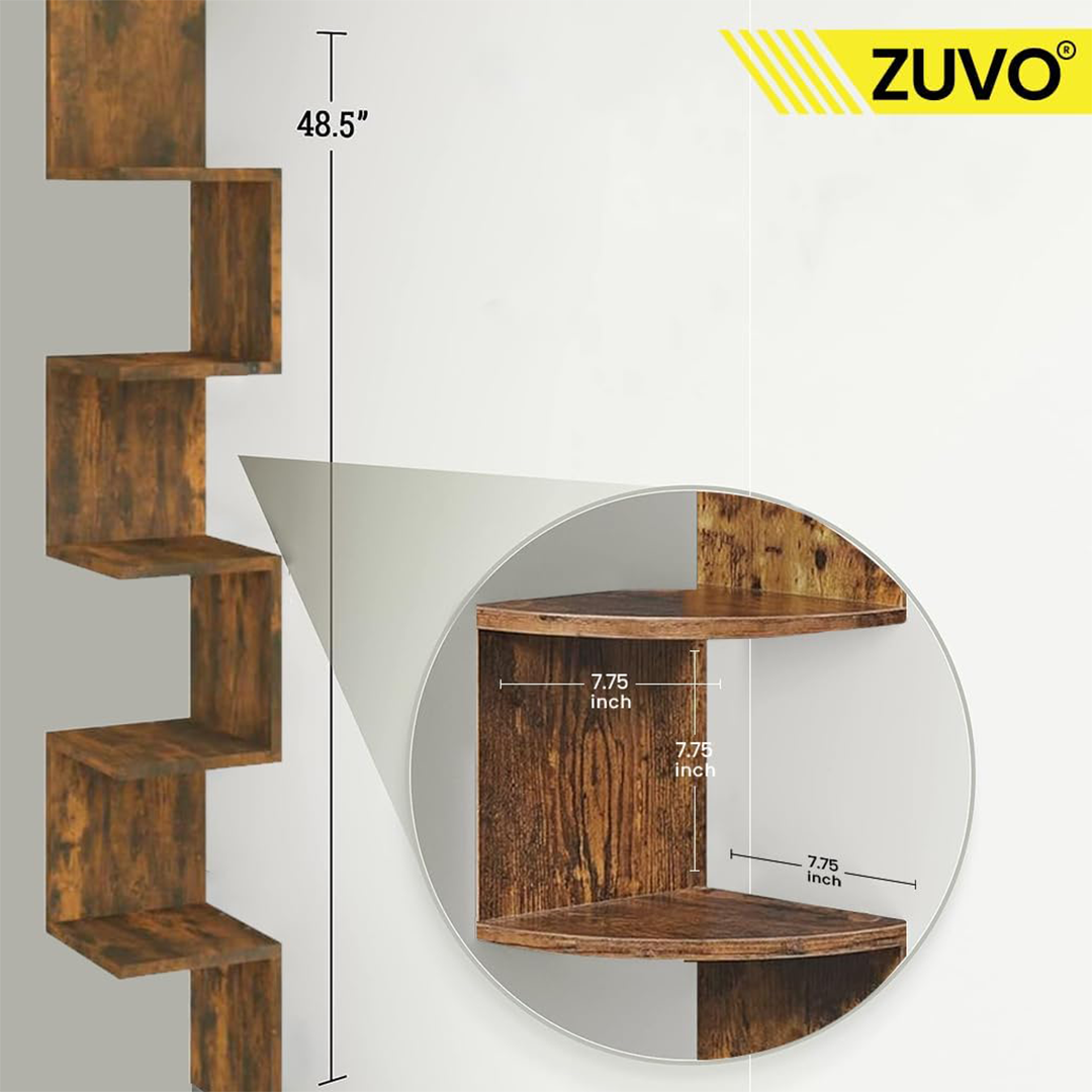 Zuvo Floating Corner Shelves 5 Tier Brown Zigzag Wall Mounted Bookshelf