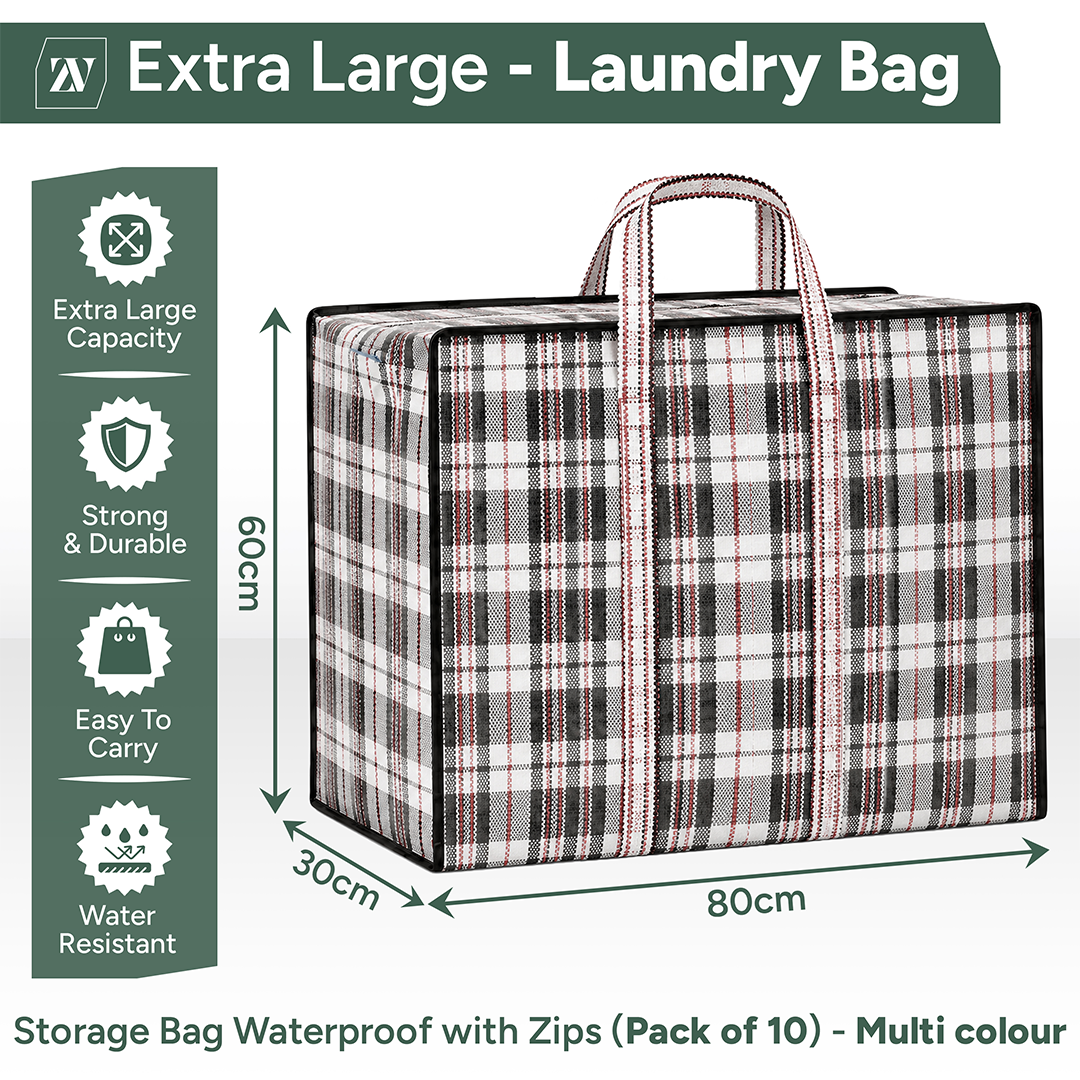 Zuvo Extra Large Laundry Bags with Zip 10 Pack Waterproof Storage 80x30x60