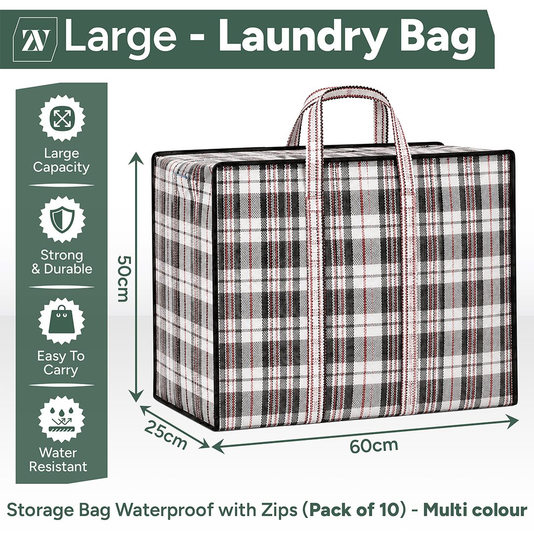 Zuvo Large Laundry Bags with Zip 10 Pack Waterproof Reusable Storage 60x50x25