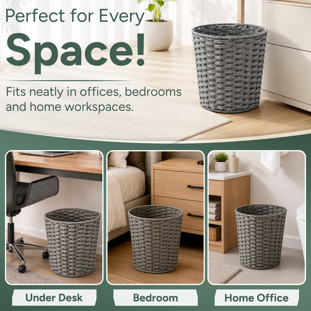 Zuvo Round Wicker Waste Paper Bin Rubbish Basket, Grey