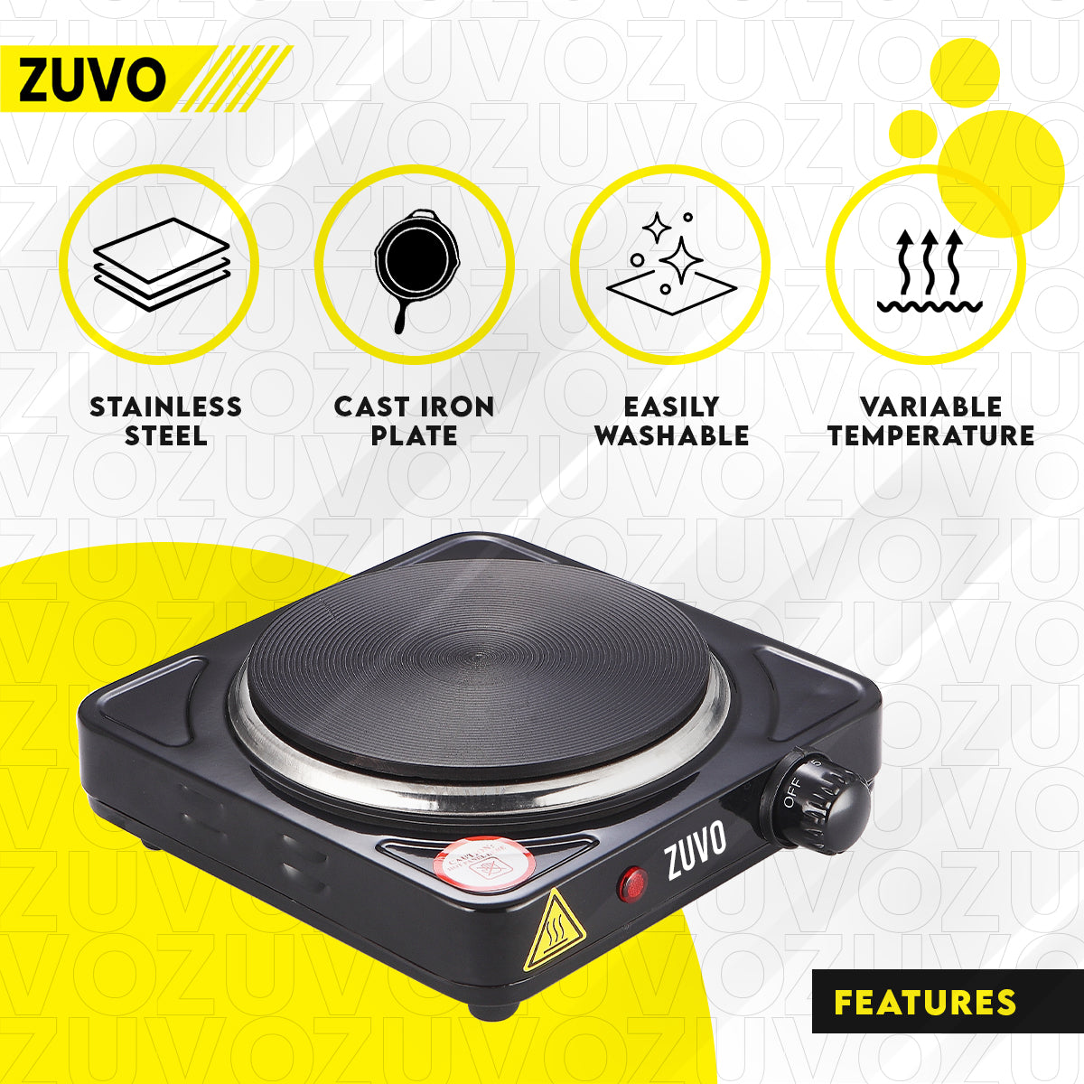 1500W Single Hot Plate - Black Ring Stove Hob - Portable & with Adjustable Thermostat - Cast Iron Heating Plate - Best for Cooking - Zuvo