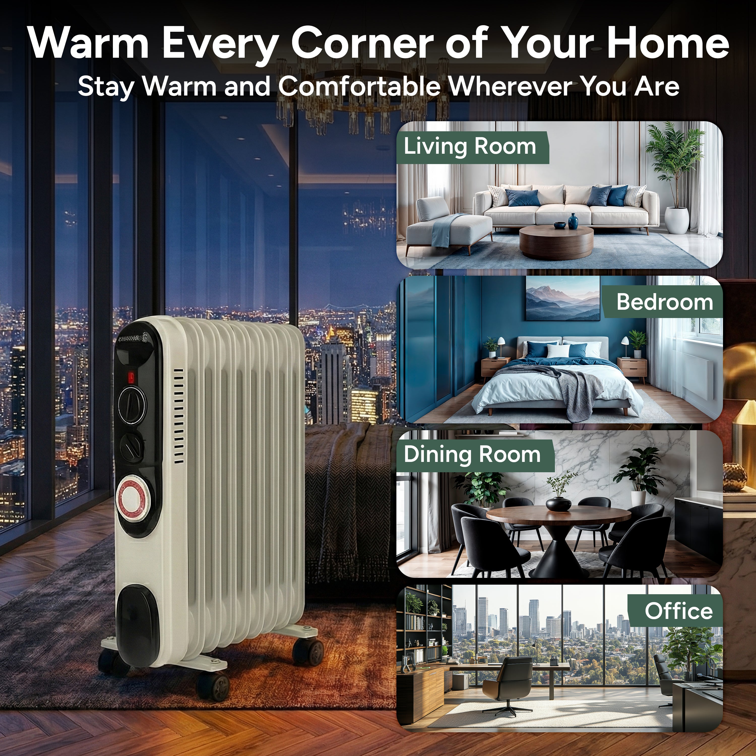 Zuvo 2500W Oil Filled Radiator Portable Heater with 11 Fins and Timer
