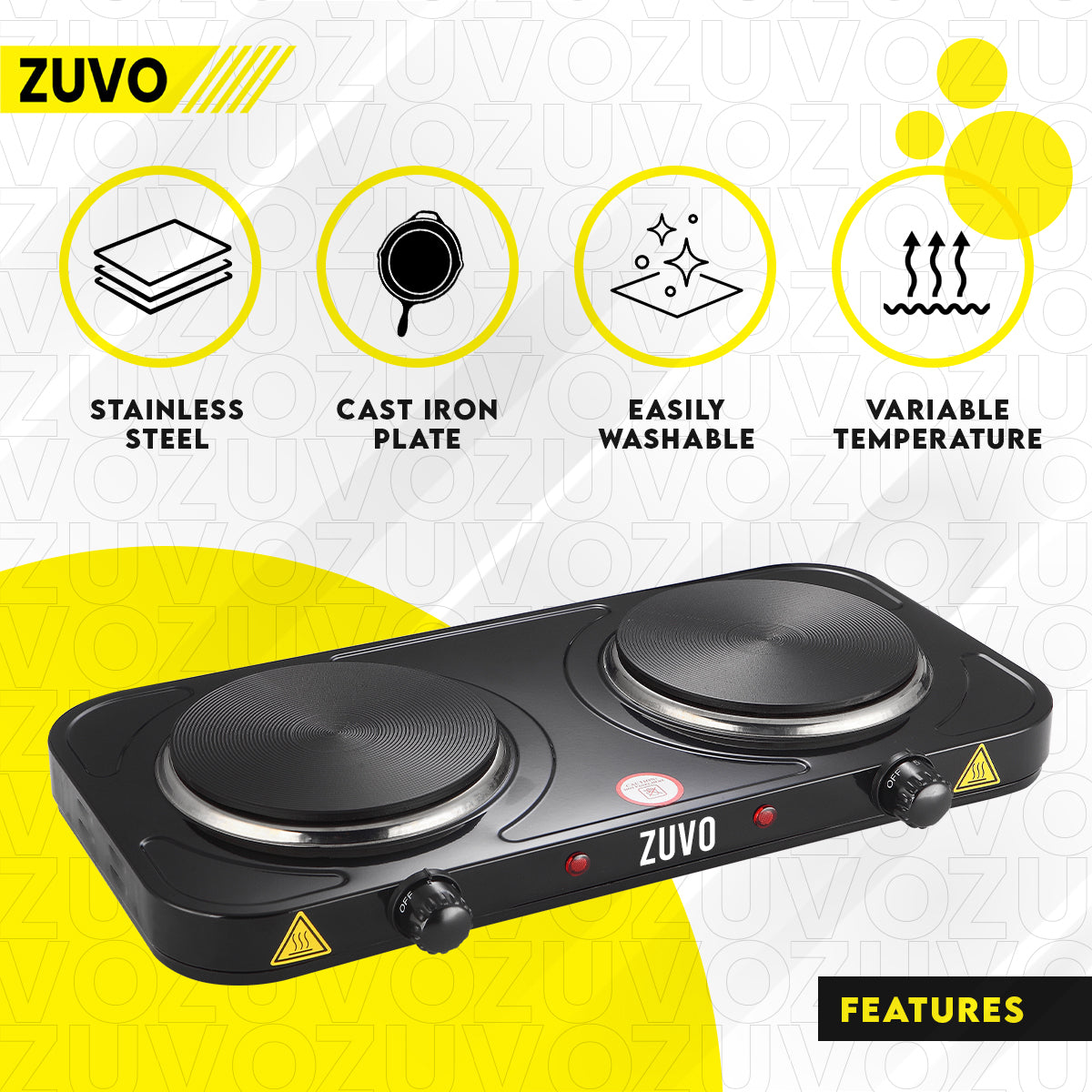 2000W Double Hot Plate - Black25.8 Ring Stove Hob - Portable & with Adjustable Thermostat - Cast Iron Heating Plate - Best for Cooking - Zuvo