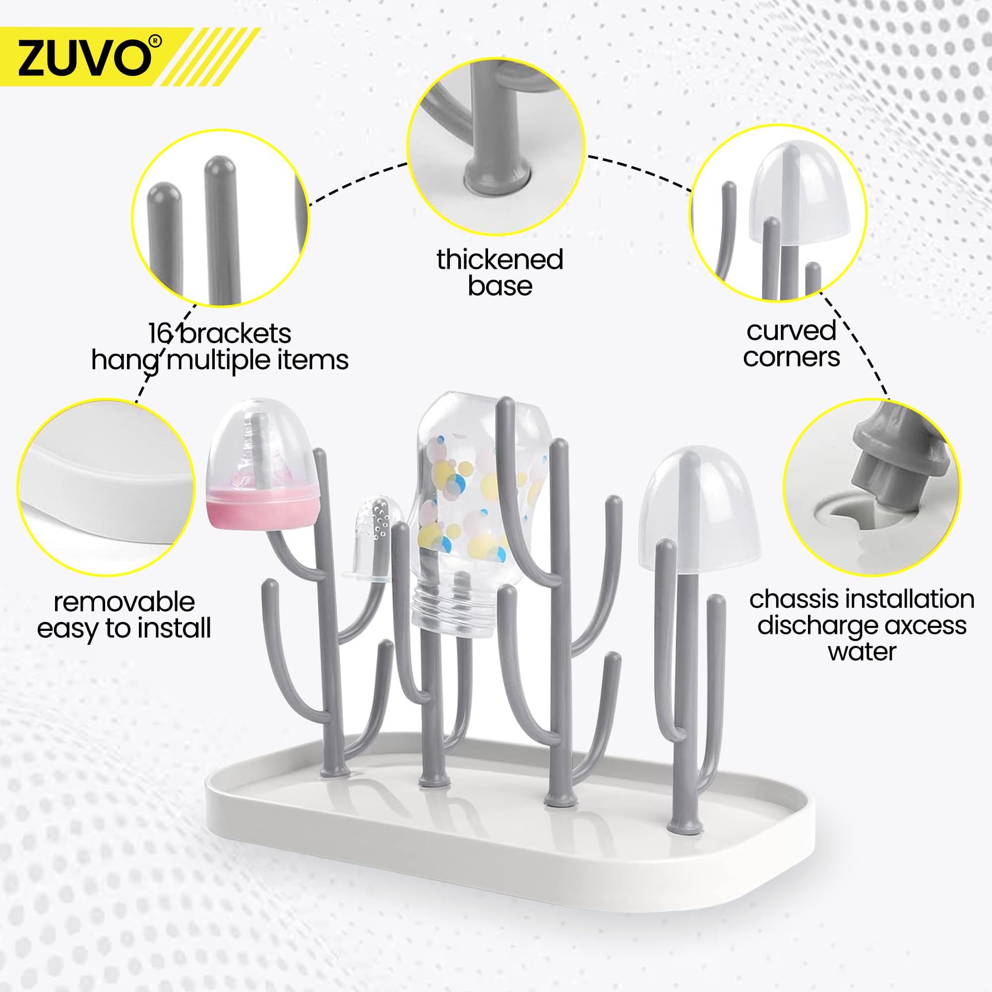 Zuvo Baby Bottle Drying Rack with Detachable Brackets, Grey, One Size