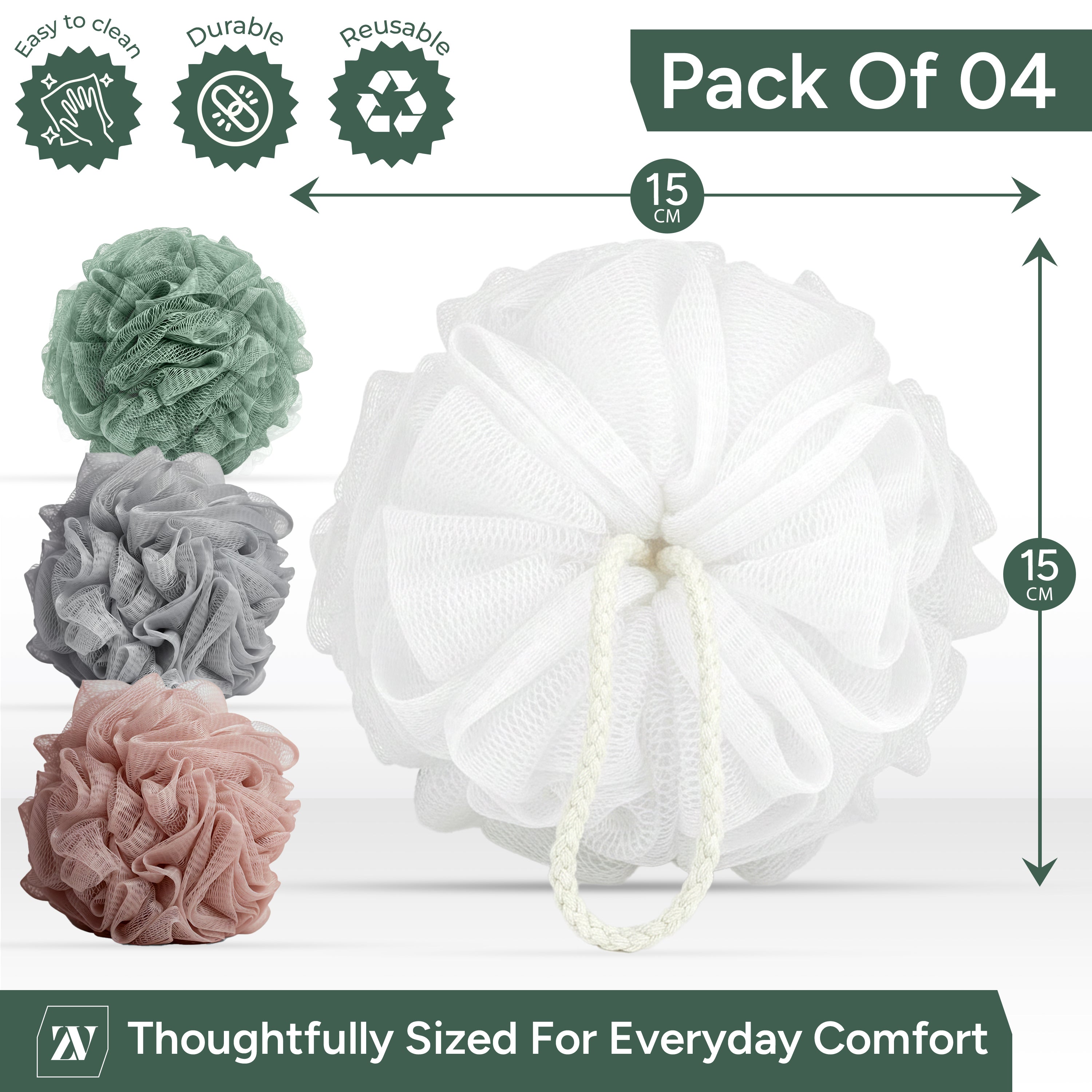 Zuvo Loofah Bath Sponge 4-Pack Soft, Durable Shower Puffs