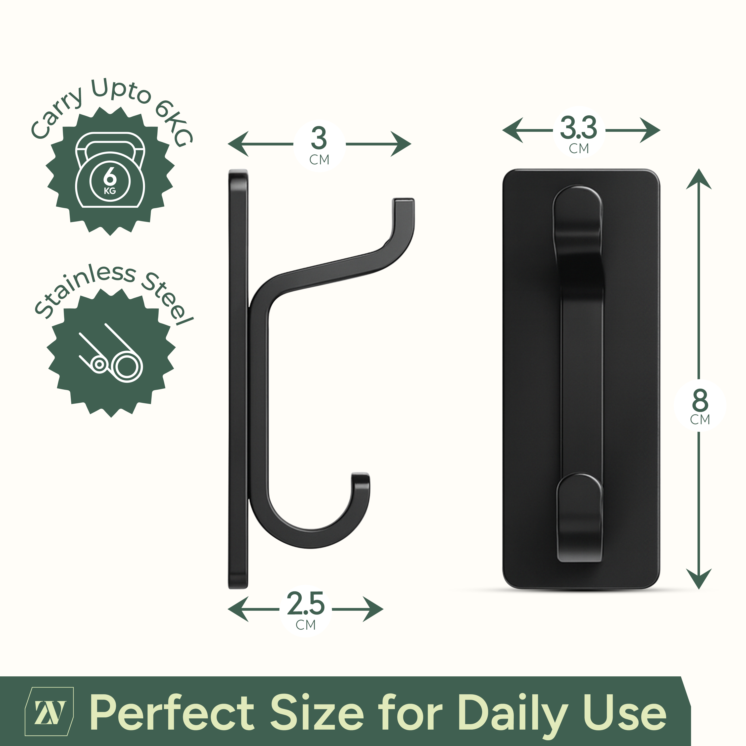 Self Adhesive Hooks Black, 4 Pack – Heavy Duty Wall Hooks Hold up to 6kg – Waterproof No Drill Sticky Hooks