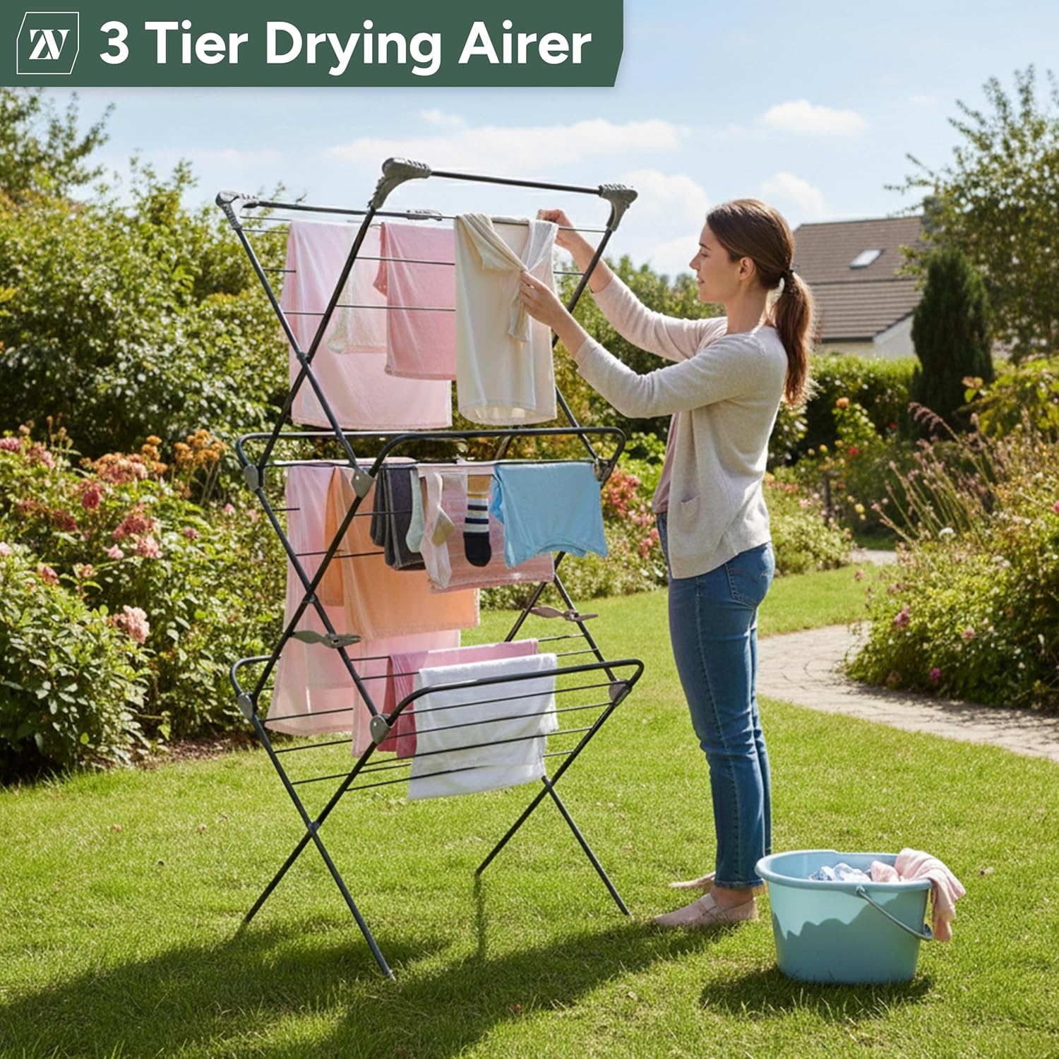 Zuvo Heavy Duty 3 Tier Clothes Airer Folding Drying Rack | Freestanding Laundry Stand for Home & Flat