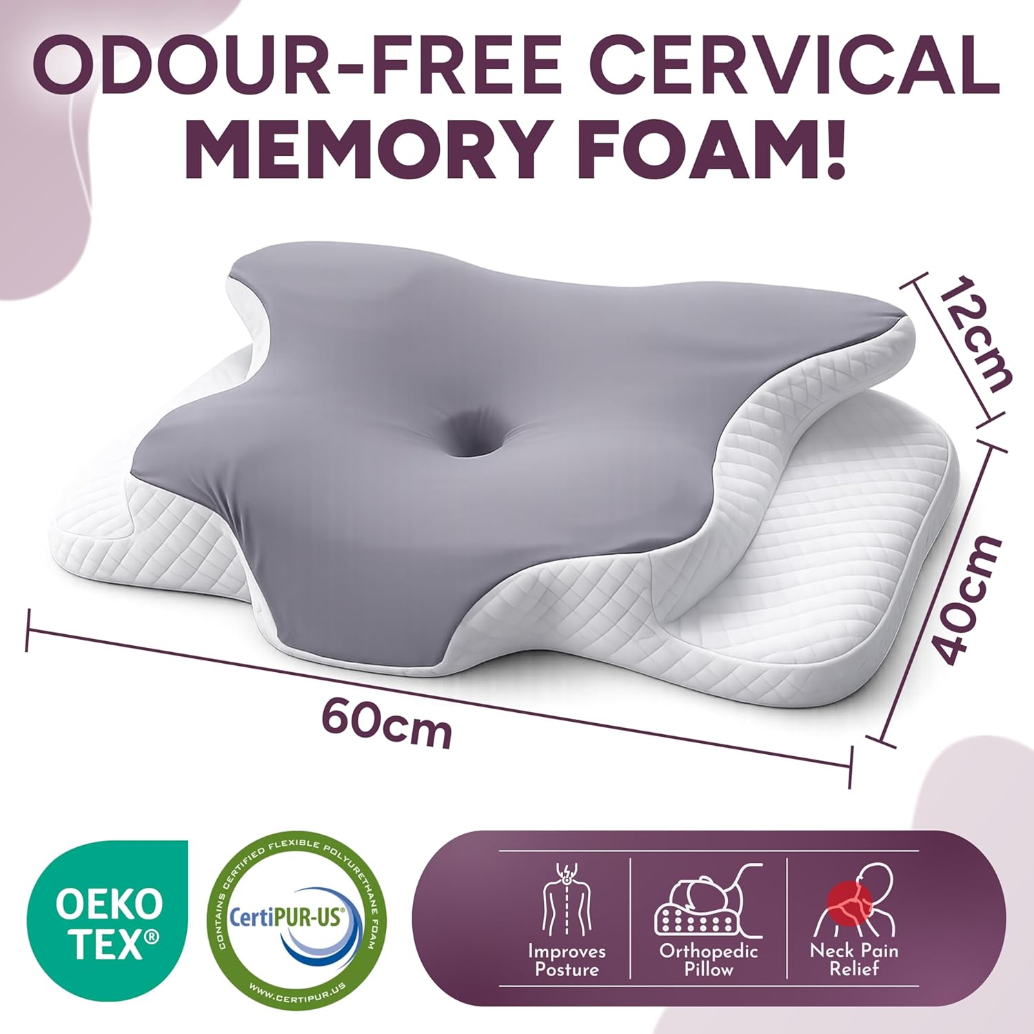 Cervical Memory Foam Pillow for Neck and Shoulder Support Orthopaedic Contour Design Ideal for Side and Back Sleepers