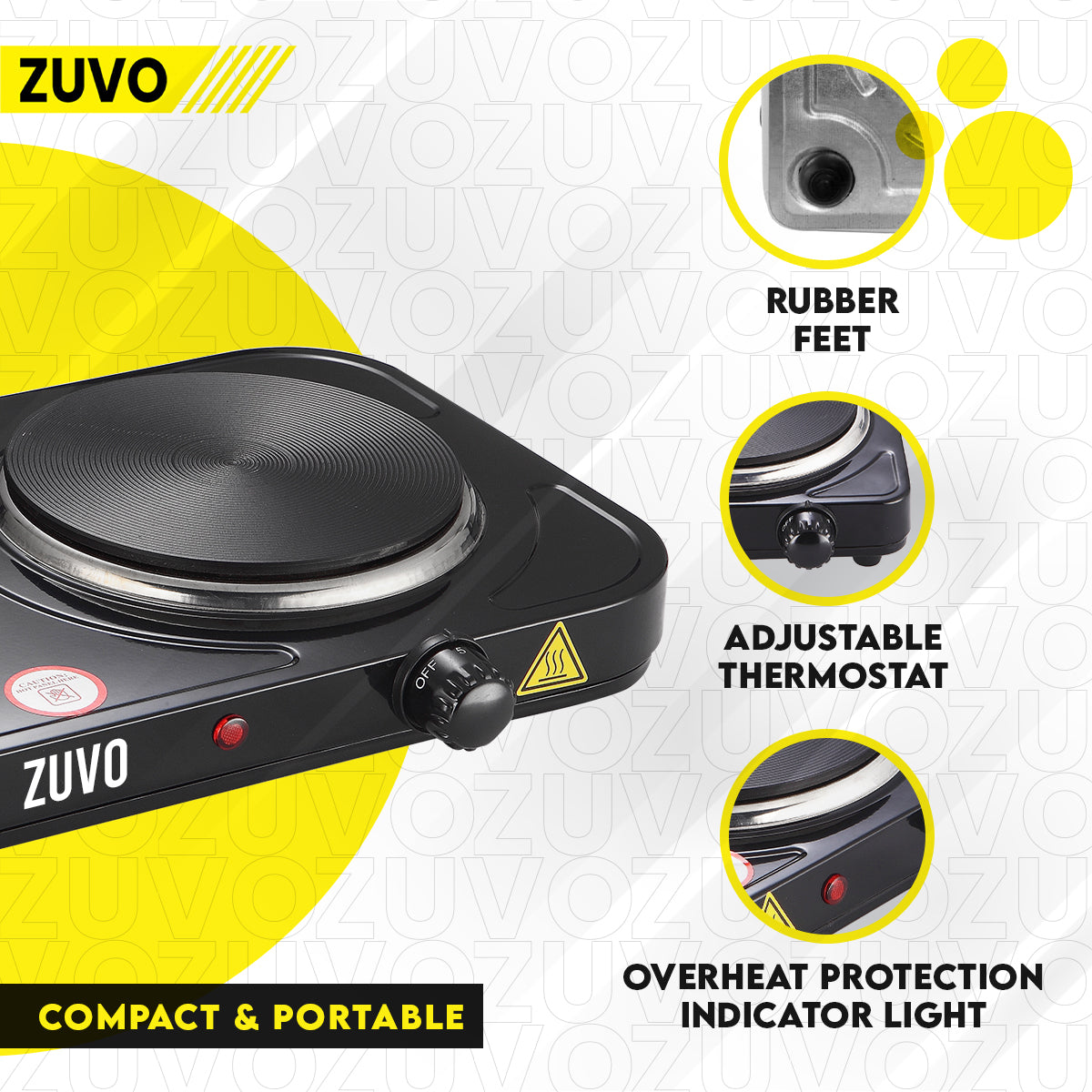 2000W Double Hot Plate - Black25.8 Ring Stove Hob - Portable & with Adjustable Thermostat - Cast Iron Heating Plate - Best for Cooking - Zuvo