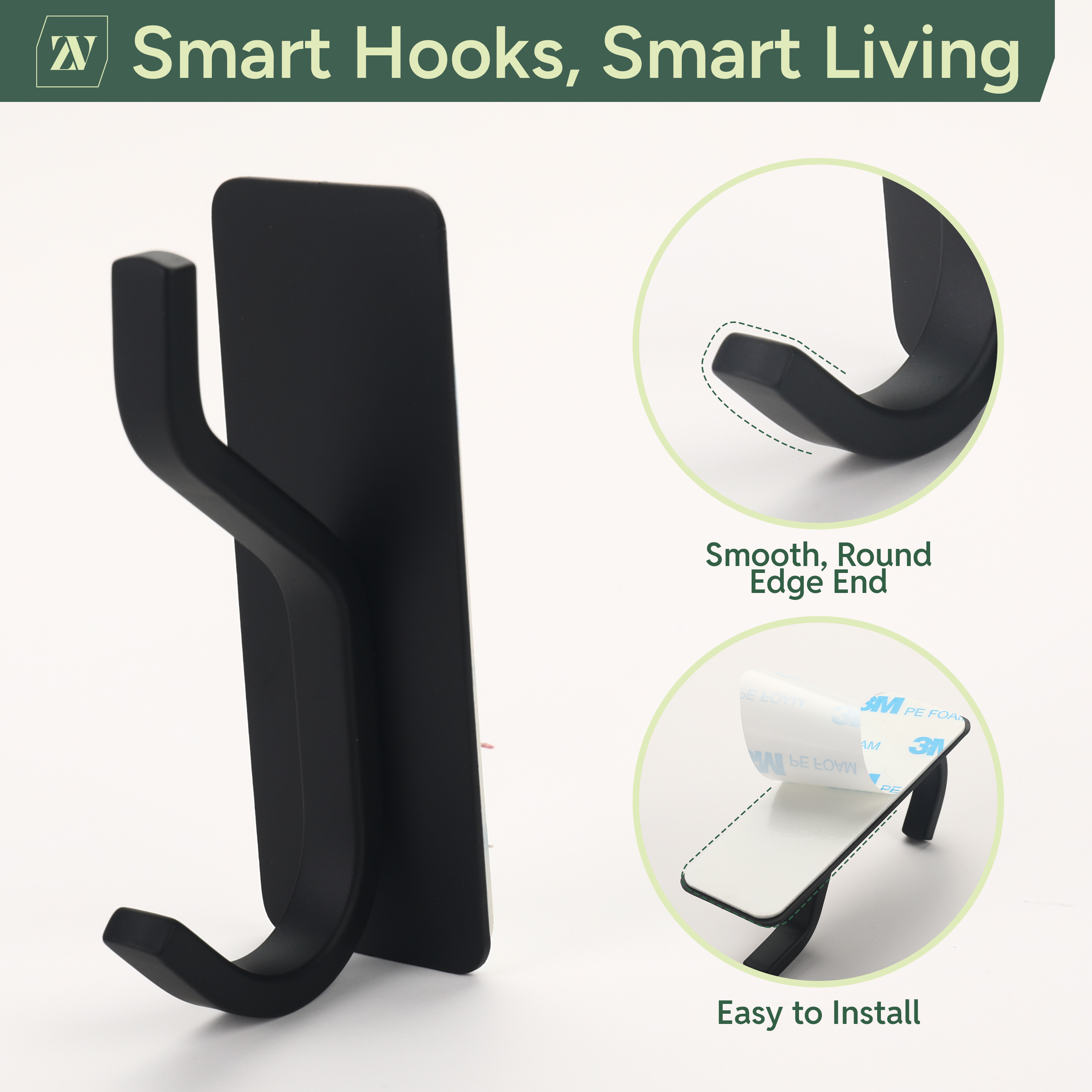 Self Adhesive Hooks Black, 4 Pack – Heavy Duty Wall Hooks Hold up to 6kg – Waterproof No Drill Sticky Hooks