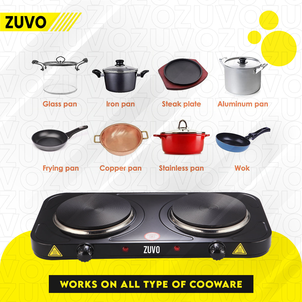 2000W Double Hot Plate - Black25.8 Ring Stove Hob - Portable & with Adjustable Thermostat - Cast Iron Heating Plate - Best for Cooking - Zuvo