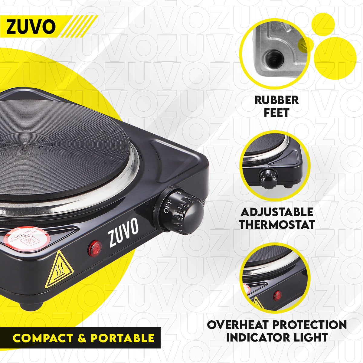 1500W Single Hot Plate - Black Ring Stove Hob - Portable & with Adjustable Thermostat - Cast Iron Heating Plate - Best for Cooking - Zuvo